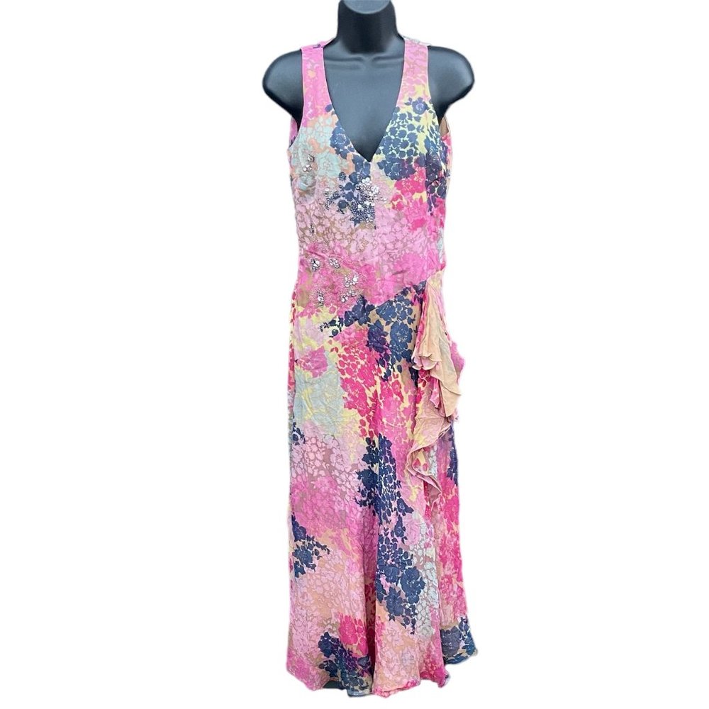 Sz XS 100% Silk Maxi Dress Floral Pink Blue RHINESTONE EMBELLISHED Sleeveless